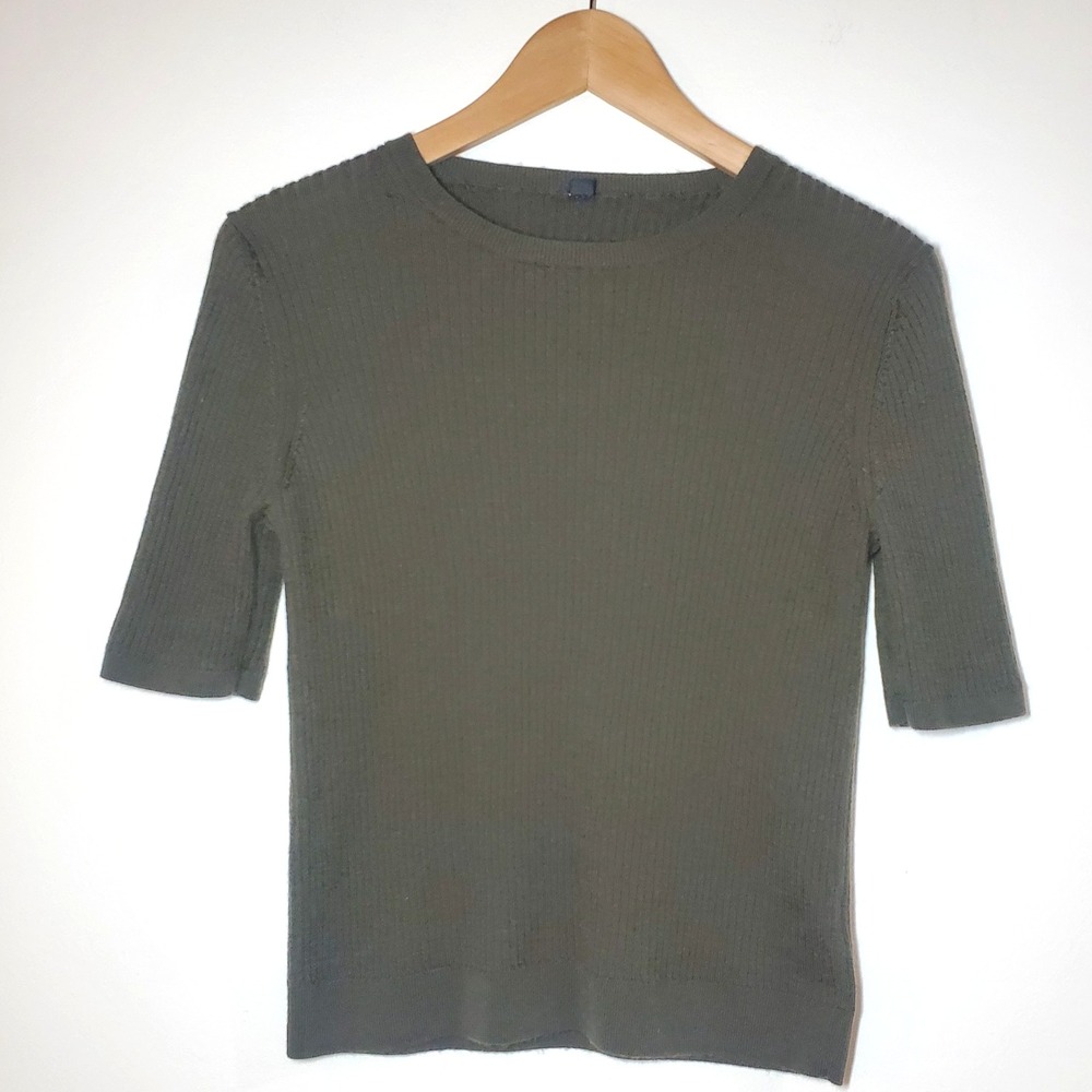 Uniqlo Women's Size L Olive Green Ribbed Short Sleeve Crew Neck Knit Sweater Lg